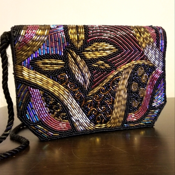 American Vintage Handbags - VINTAGE BEADED CLUTCH PROM WEDDING COCKTAIL BLACK TIE EVENING BAG 80S PREPPY VTG